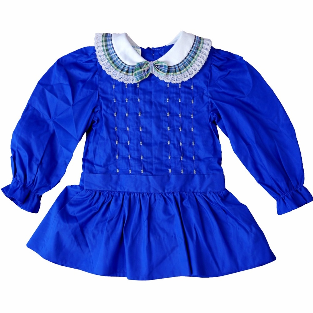 Vintage Polly Flinders 2T Royal Blue Party Dress NWT Plaid Lace Collar Heirloom